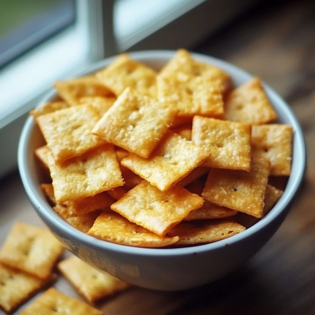 Batch of homemade Cheez-Its baked to perfection, golden and crunchy snacks.