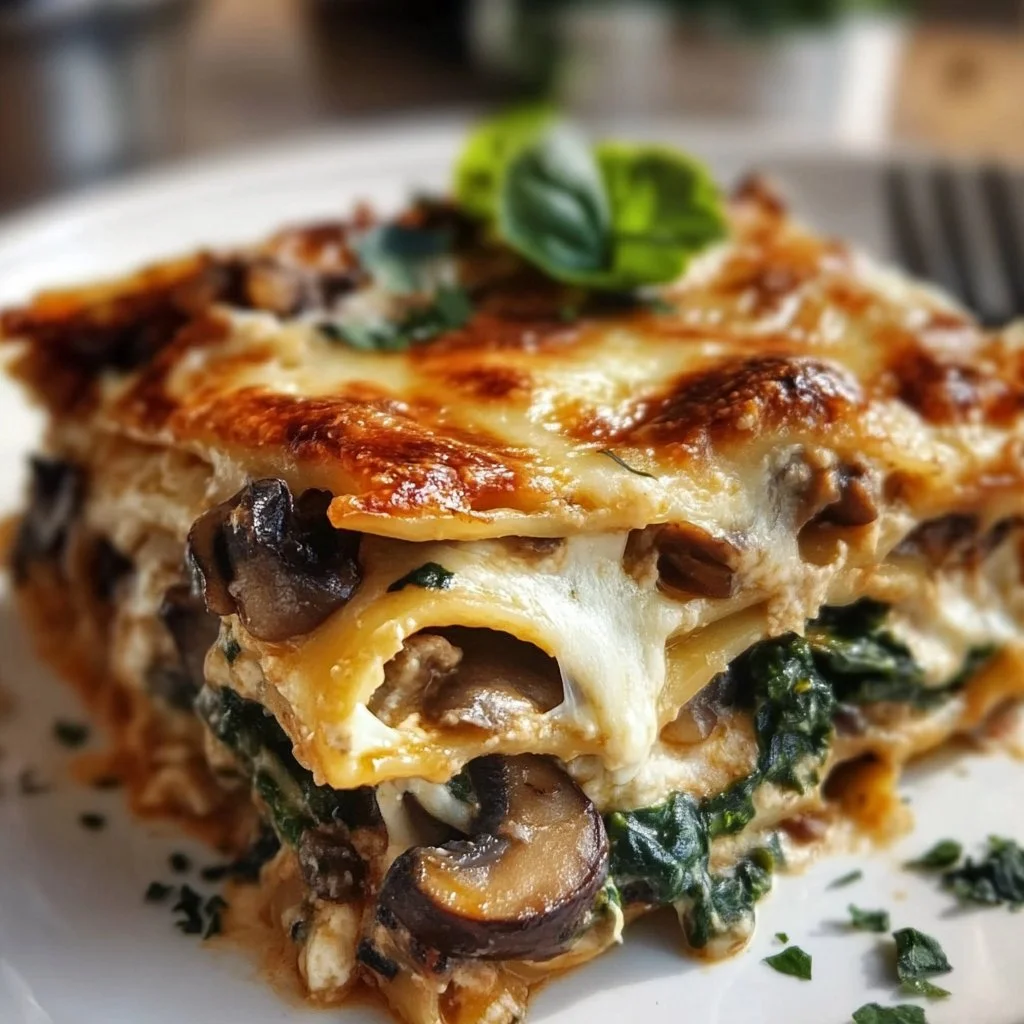 Mushroom and Spinach Lasagna served on a plate with melted cheese
