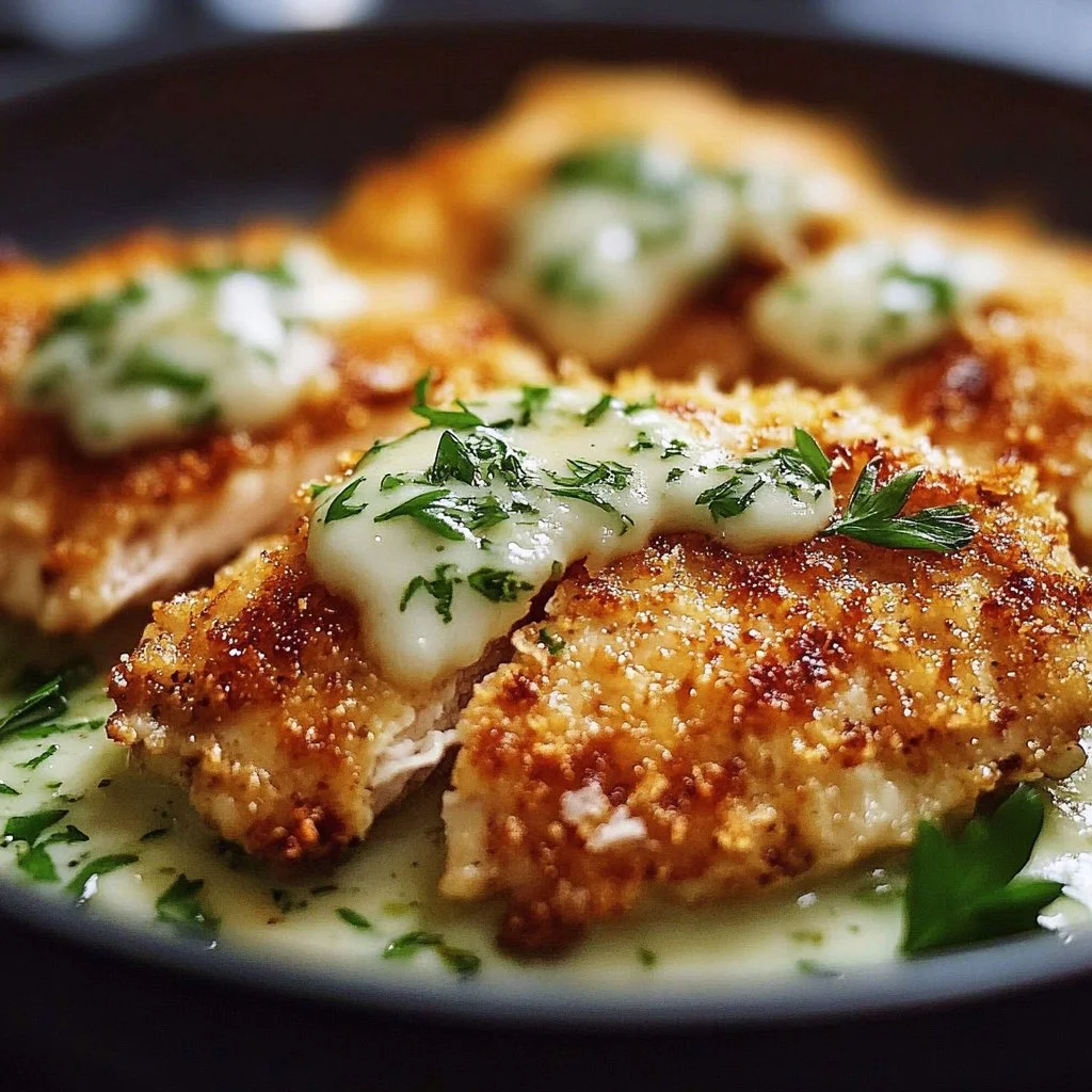 Delicious baked Parmesan Chicken served on a white plate with herbs