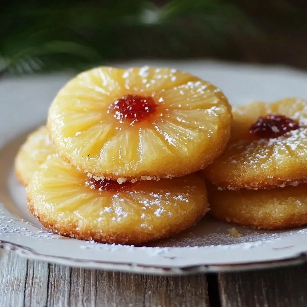 Pineapple upside down sugar cookies with cherries and pineapple topping