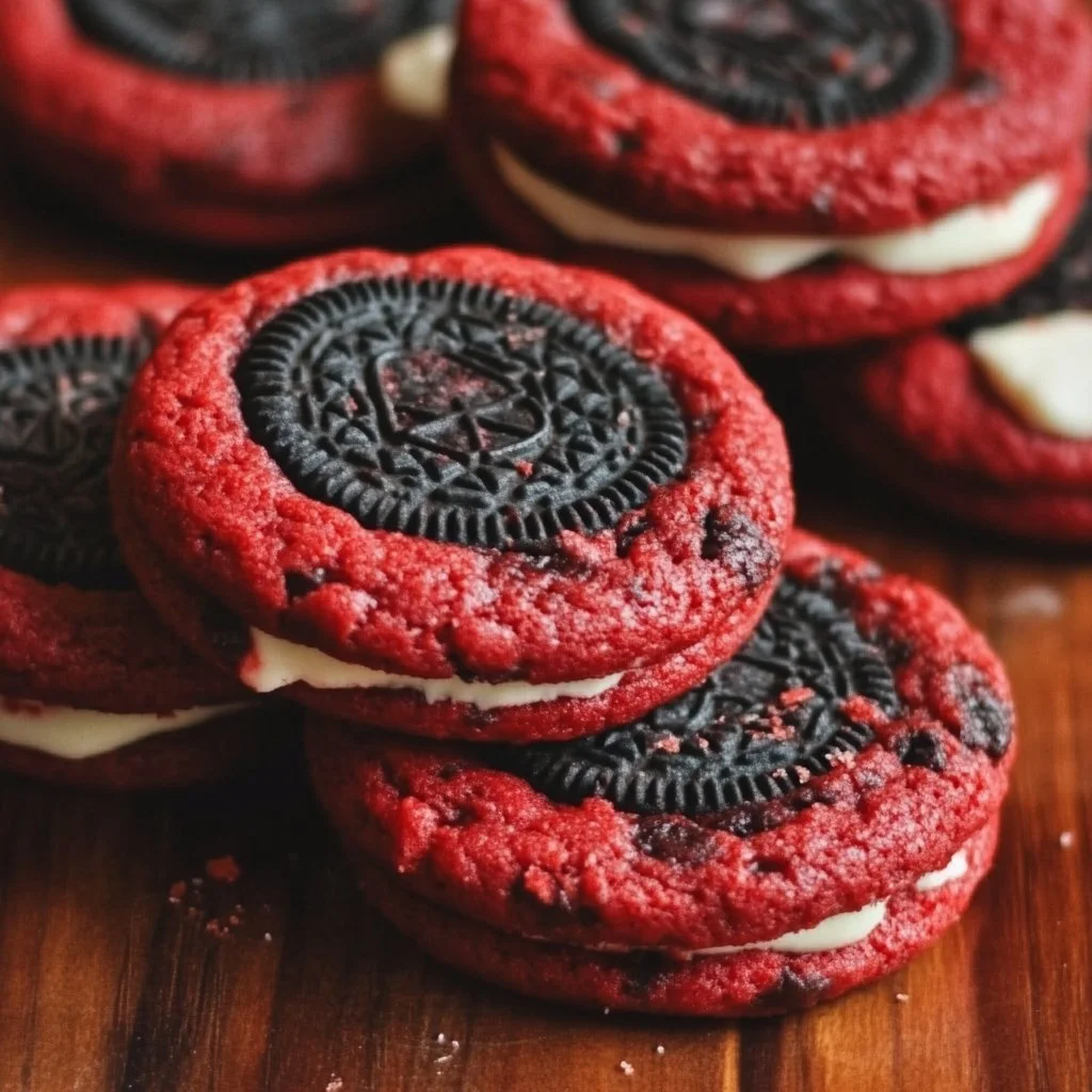 Homemade Red Velvet Oreo cookies on a cooling rack