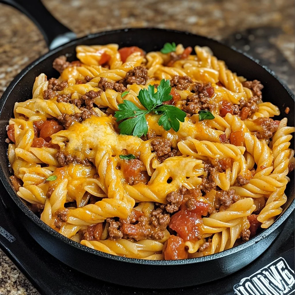 Delicious skillet taco pasta served in a skillet with toppings