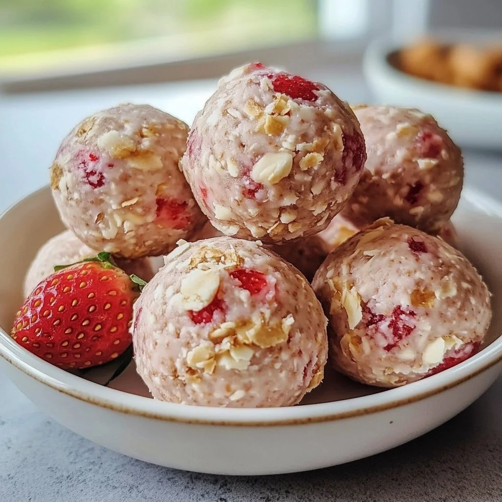 Strawberry Cheesecake Protein Balls on a white plate with strawberries