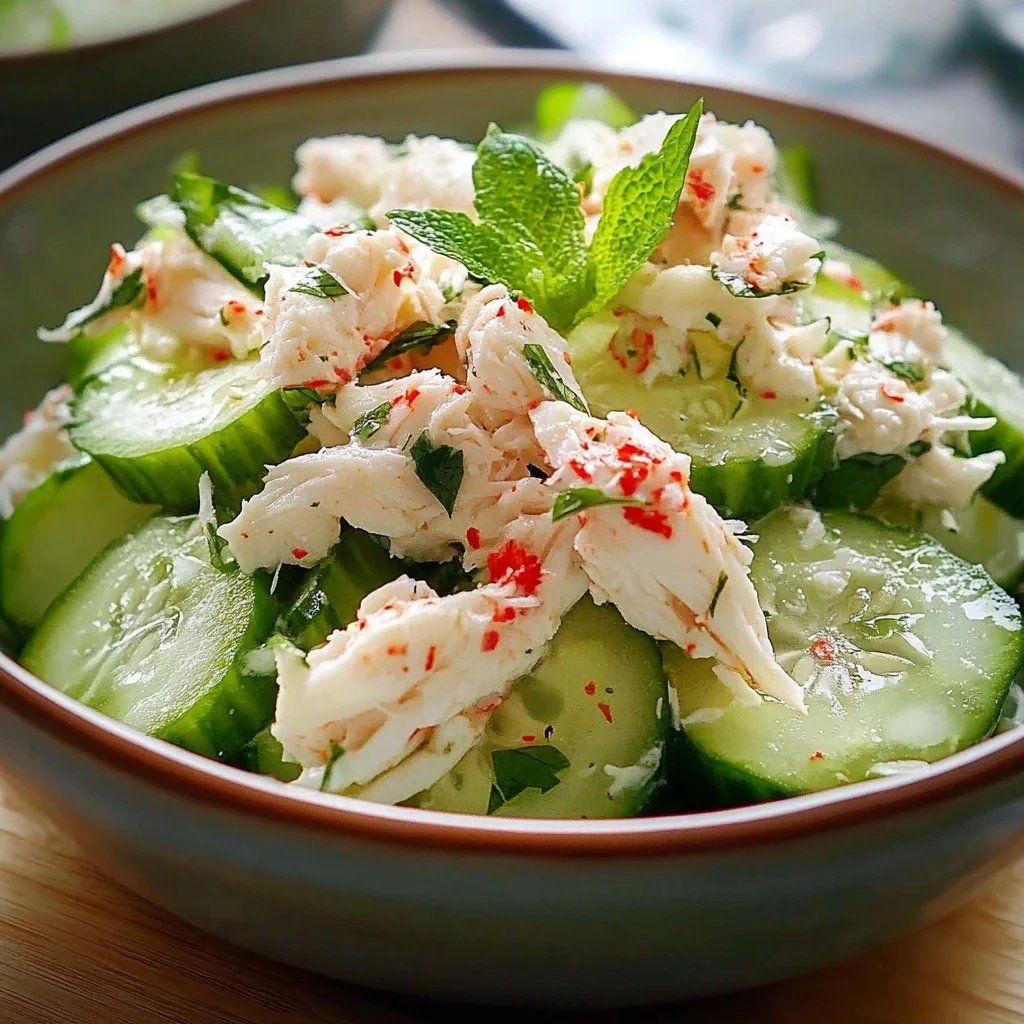 Tasty cucumber salad with crab meat served in a bowl