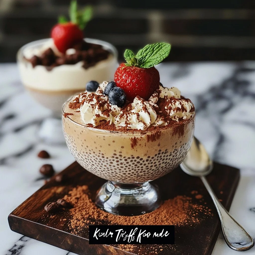 Viral tiramisu chia pudding topped with cocoa and coffee flavors, in a glass bowl